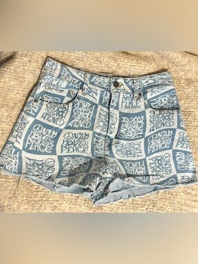 Tinseltown Peace Print Denim Shorts Blue Checkered Indie Festival Y2K- Size 9